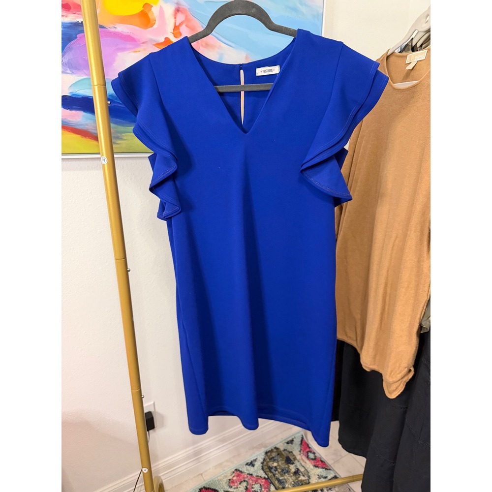 First Love Royal Blue Ruffle Sleeve V-Neck Shift Dress